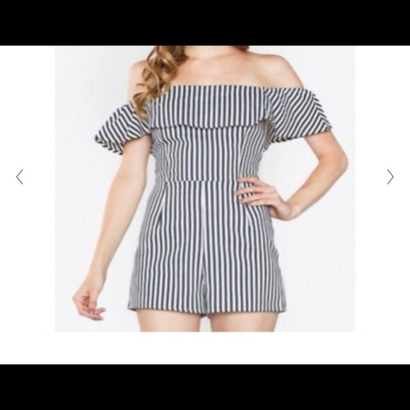 Sugar Lips khaki and white striped off the shoulder romper - Picture 14 of 14